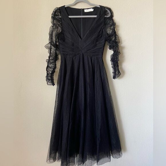 Zimmermann Charm Midi Black Dress Pleated Polka Dot Flocked Tulle Size S/M - Picture 7 of 12